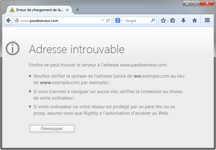 Erreur de chargement de la page dans Firefox Nightly 33
